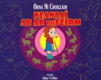Clúdach Neansaí ar an bhFeirm: cailín beag rua agus maide ina láimh i lár ciorcail d’ainmhithe feirme, ar chúlra corcra.