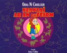 Clúdach Neansaí ar an bhFeirm: cailín beag rua agus maide ina láimh i lár ciorcail d’ainmhithe feirme, ar chúlra corcra.